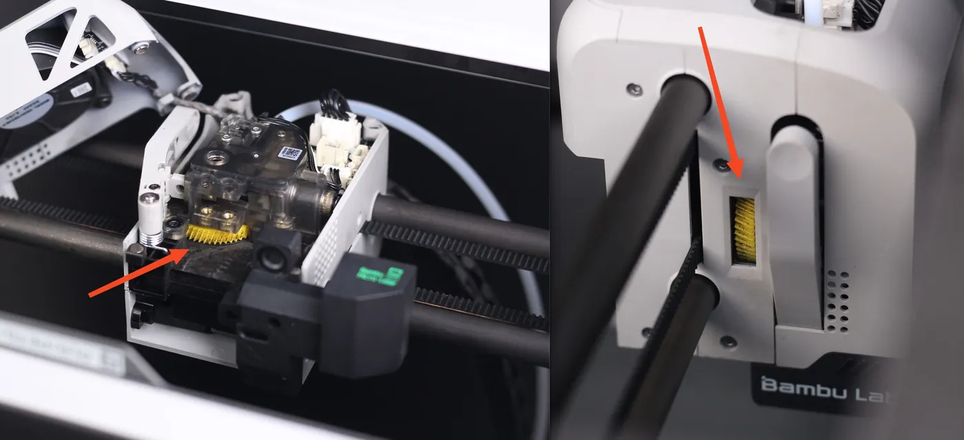 Engrenagens da extrusora de impressora 3D com acúmulo de pó de filamento